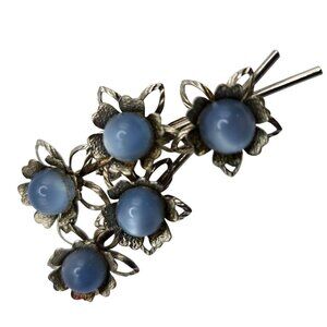 Vtg 1950s Light Blue Moonglow Flower Brooch Silver Tone Floral Pin Midcentury